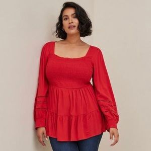 Torrid Red Babydoll Lace Sleeves Smocked Tiered Top Blouse